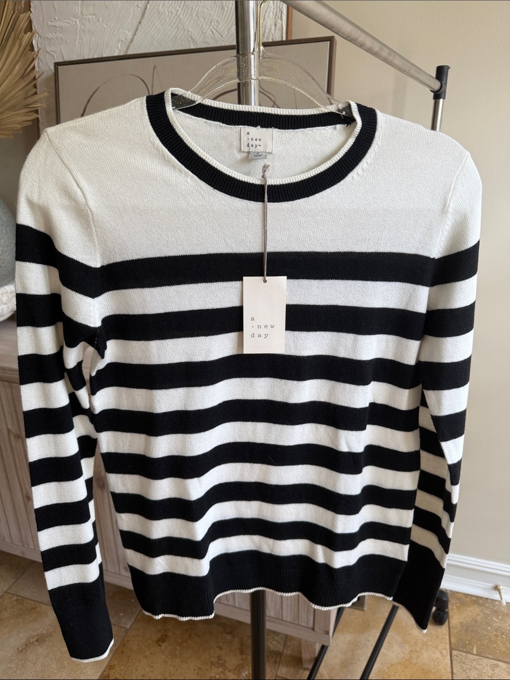 a new day Black and cream Striped Crewneck Sweater